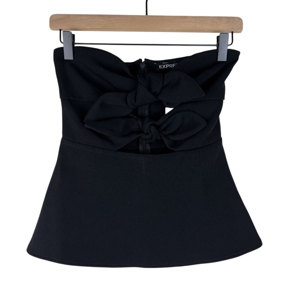 NWT Express Black Bow Front Cutout Strapless Peplum Top